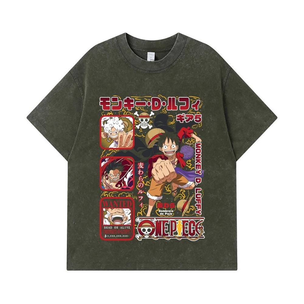 275 GSM Washed T-shirts 100% Cotton One Piece V78 Luffy Print Unisex Heavy Cotton T Shirt