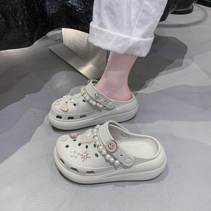 Little Fairy Pearl Chain Thick-soled Hole Shoes Female Summer Crystal Butterfly Eva Bag Head Drag Cool Slippers