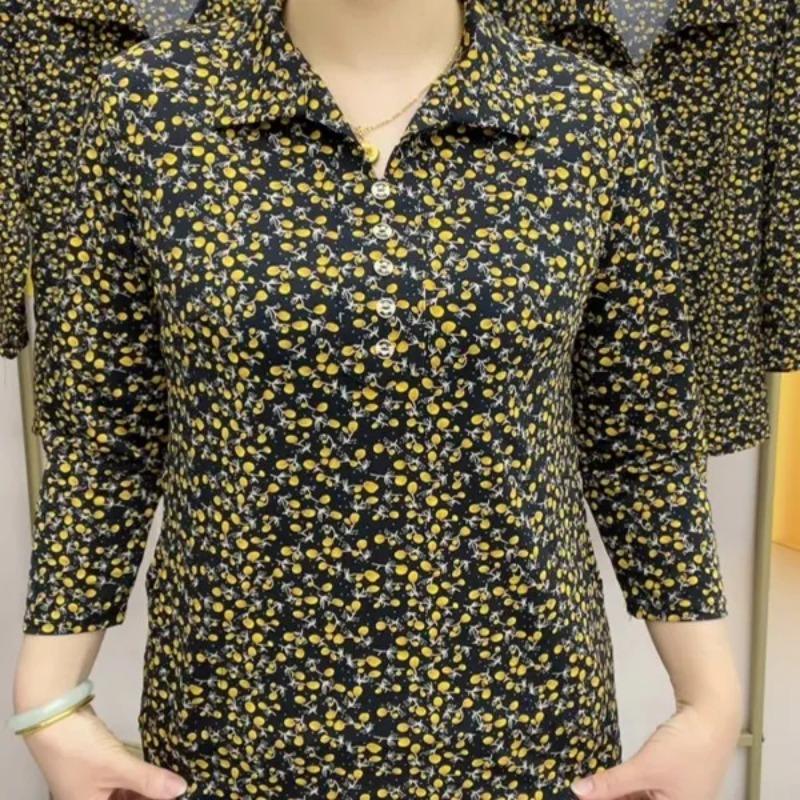 Womens Navy Blue Star Floral Print Polo Collar Half Sleeve Blouse
