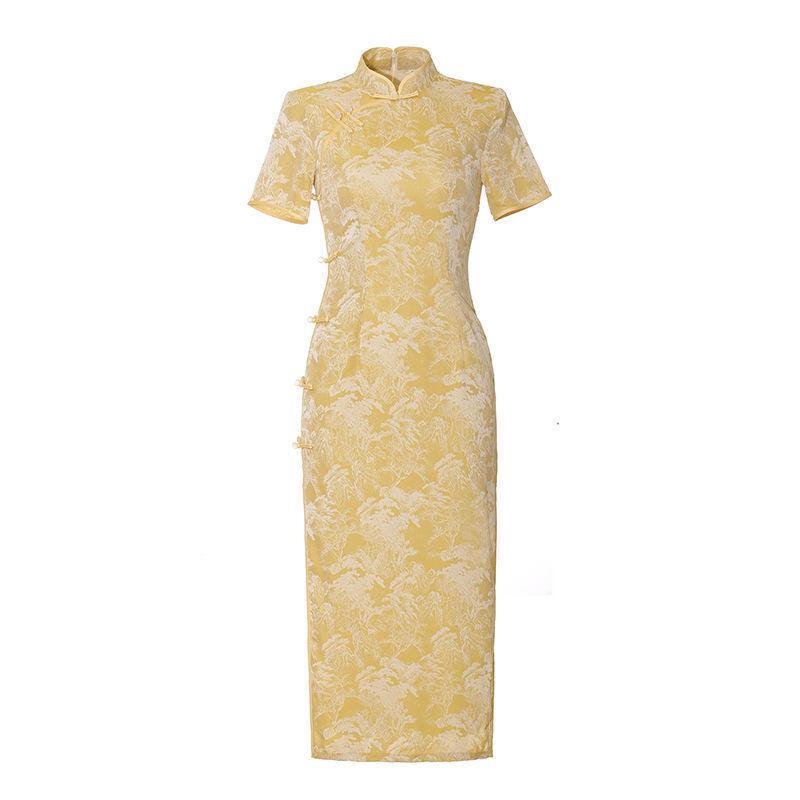 2025 Žlutý Retro Čínský oděv: Moderní mladistvý styl jarně-letní dámské šaty
