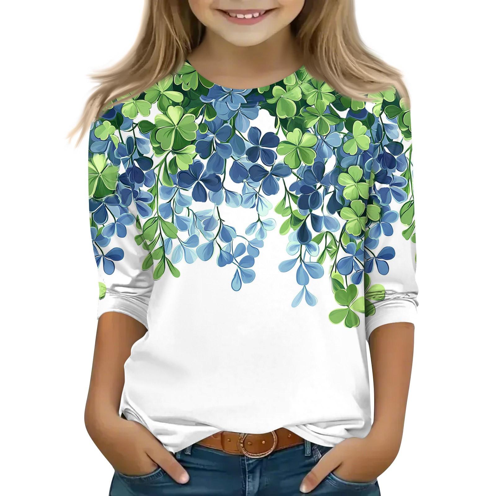 

Топы с принтом для девочек 5-16 лет с круглым вырезом и рукавами 3/4 Футболки Модные топы Наряды Футболки 150 белый