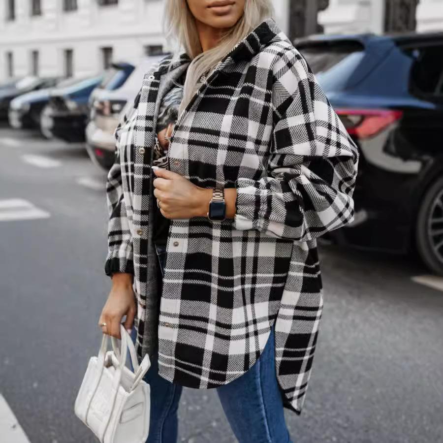 Cappotto a quadri con cappuccio da donna, stile autunnale nuovo, vestibilità larga, moda casual