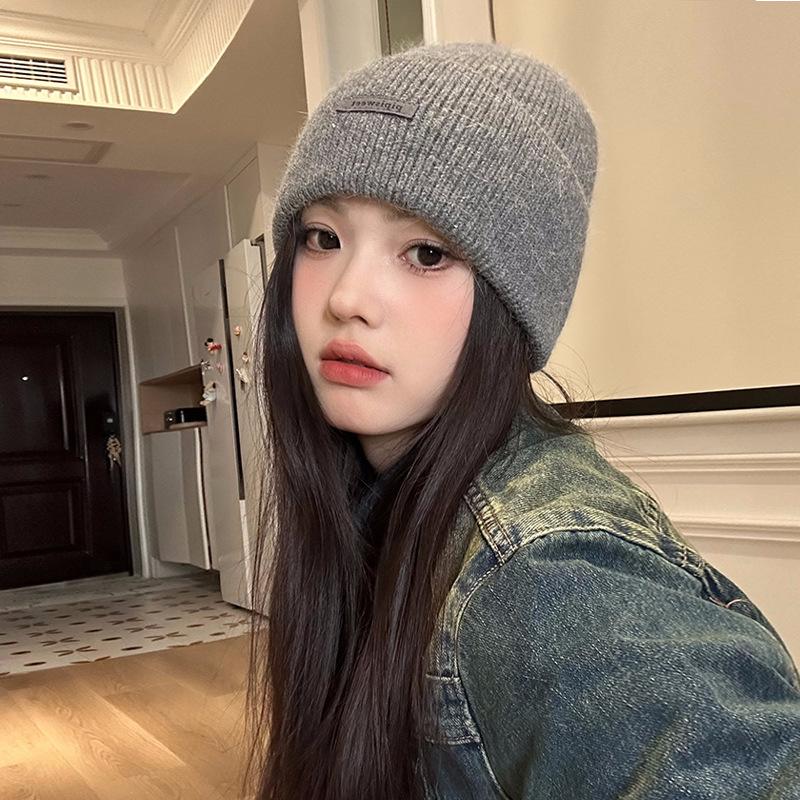 Rabbit Fur Knitted Hat Women's Autumn and Winter 2025 New Big Head Circumference Warm Thickened Wool Hat Showing Small Face Gray Cold Hat