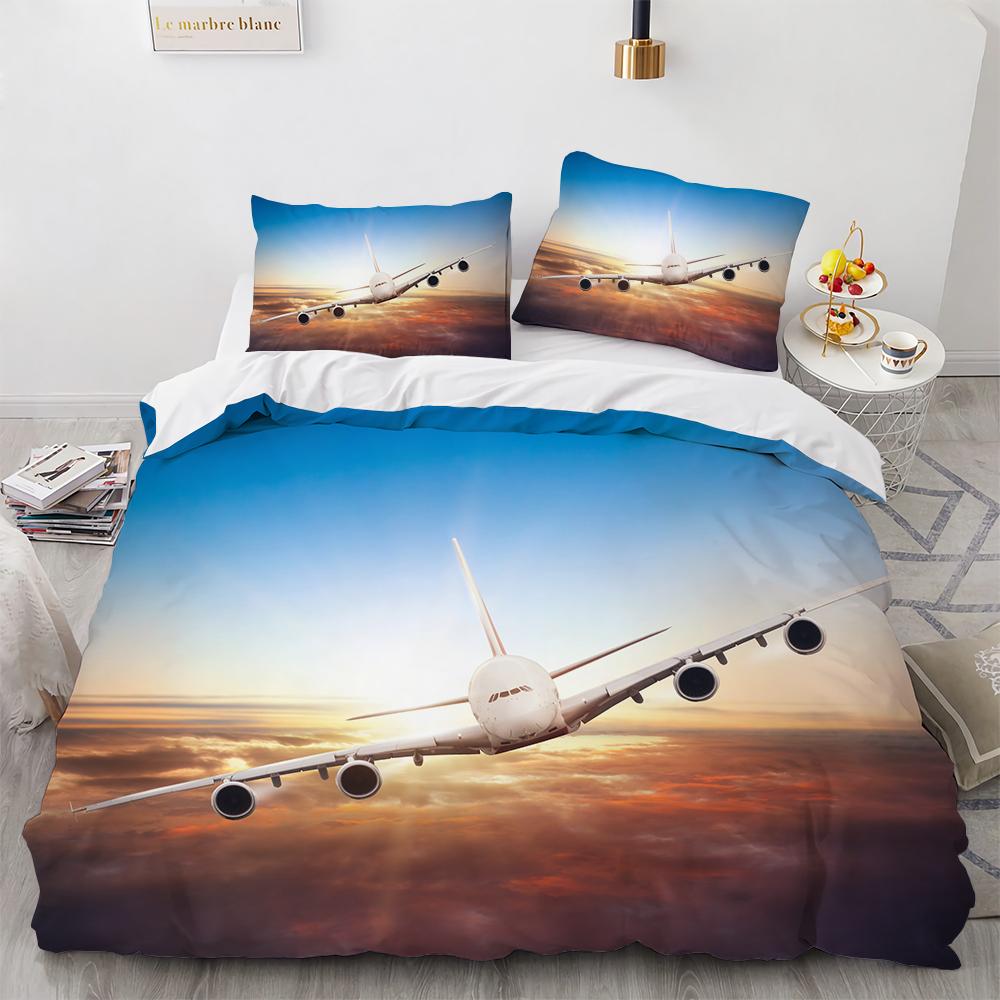 3D Flygplan Kung Drottning Påslakan Rosa Passagerarflygplan Sängkläder Set För Vuxna Himmel Hav Naturlandskap 2/3 st Polyester Täcke