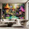 2D Fairy Tale Mushroom Village Tapestry, Colorful Houses with Pond & Flowers Wall Hanging, Fantasy Backdrop
