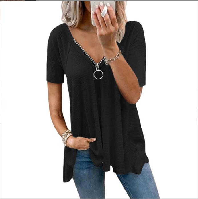 Plus Size Women Solid V Neck Zipper Loose Casual Short Sleeve T Shirt S