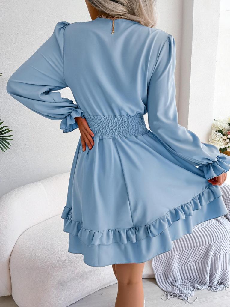 V Neck Solid Color Dress Waist Hugging  Elegant Fungus Dress for Women Long Sleeve Loose Dresses Causal Dress
