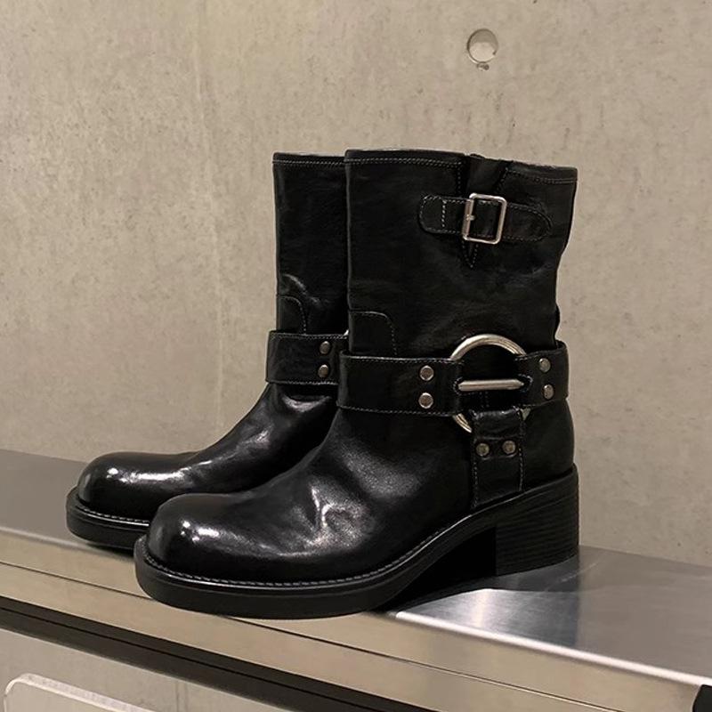 

Виноградная мамочка панк милашка~ металлическая пряжка круглый носок ретро кожа локомотив толстый каблук вестерн короткие сапоги 2025 новинка 40