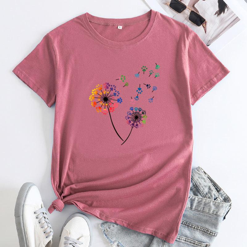 

Летний топ с круглым вырезом и красочным рисунком одуванчика, модные повседневные женские футболки из чистого хлопка с короткими рукавами 3XL розы красного