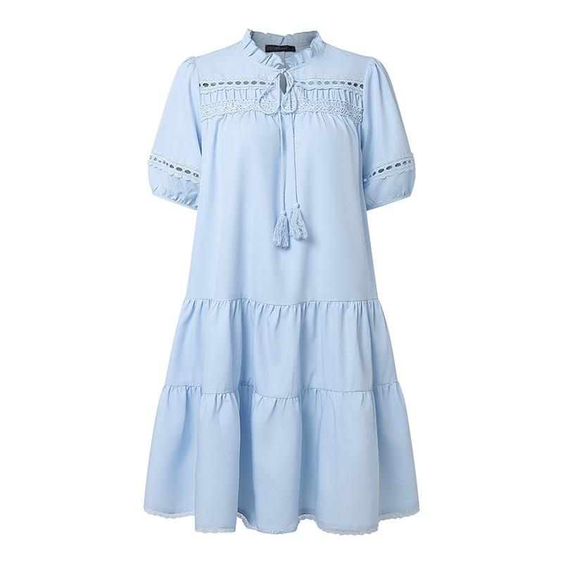 ZANZEA Women Casual Round Neck Short Sleeve Lace Patchwork Dress