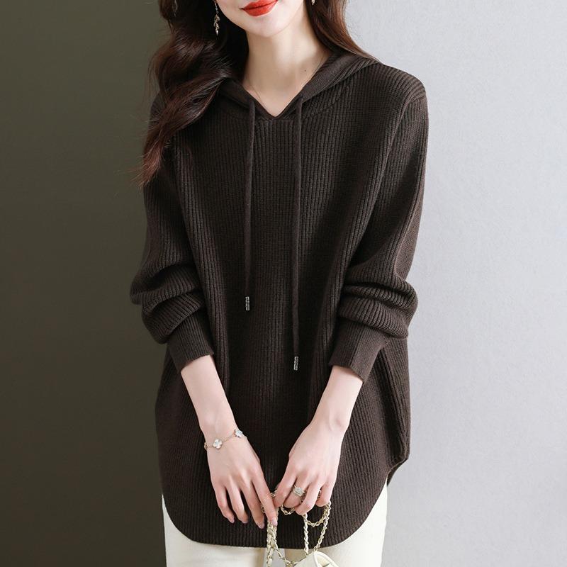 Podzim Zima Jednobarevný Volný Ležérní Pletený Top s Kapucí Dámský Vintage Stahovací Svetr