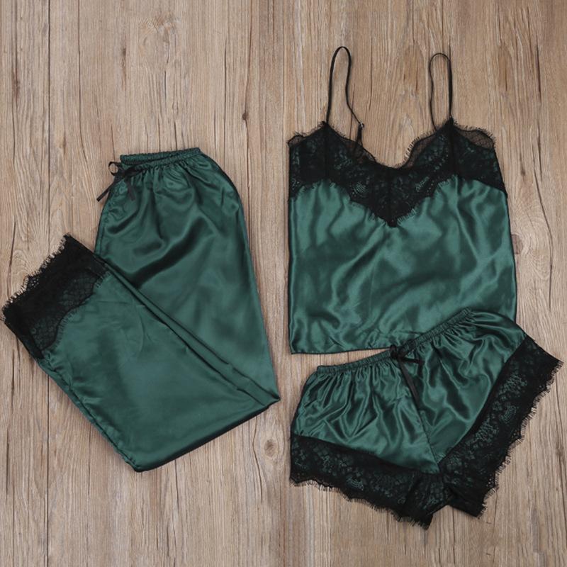 Women's Satin Pajama Set Lace Trimmed Pajamas V Neck Camisole Shorts Trousers Summer Home Wear 3 Piece Pajamas Home Wear Set