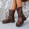 Fashion Four Seasons Platform Single Boots Women's Fashion Round Toe Studded Metal Buckle Block Heel Mid-leg Boots