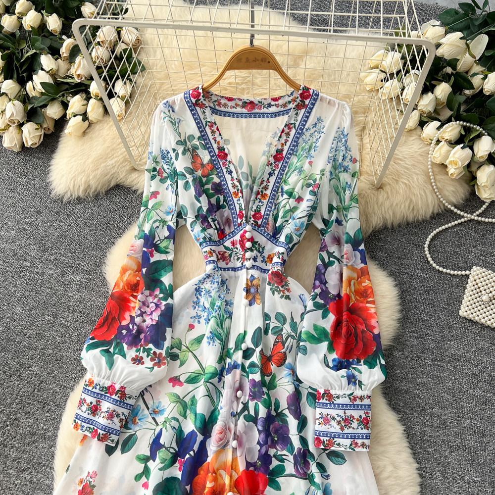 Palace Floral Maxi Dress Women Summer Holiday Chiffon Long Dresses Shirt 2026 Spring Long Sleeve Single Breasted Party Dress