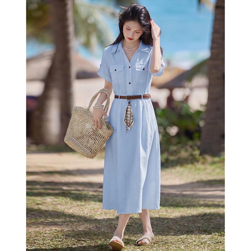 Elegant Tie-Waist A-Line Shirt Dress M