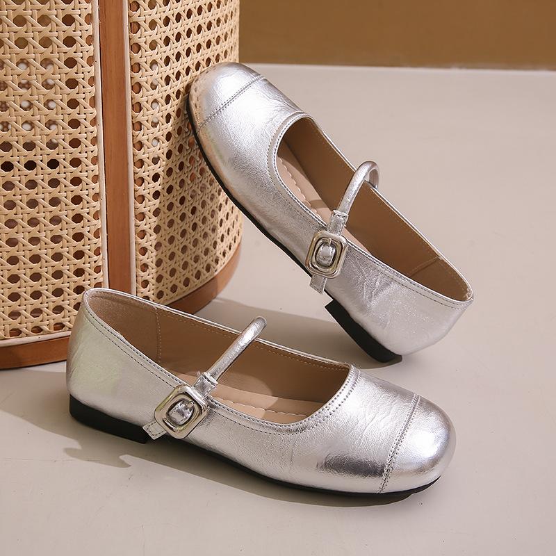 

2024 круглый носок лето французский мелкий вырез плоская подошва одинарная обувь стиль балетки Мэри Джейн обувь женская плоская подошва новый ремешок-пряжка французский 35 серебряный