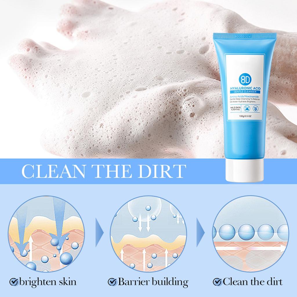 Limpiador Facial Suave 8D Hialurónico, Arrugas, Deja la Piel, Sana, Hidratada, Suave y Sin Tirantez, 100g