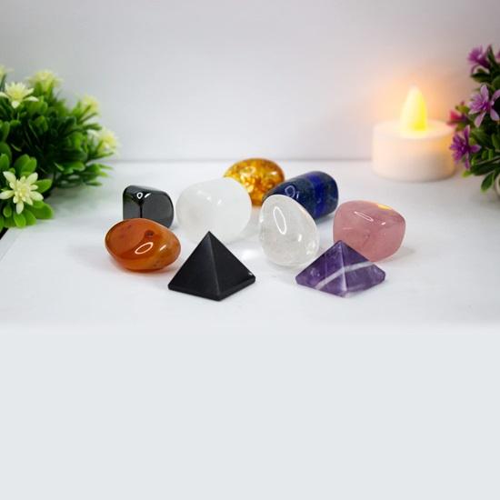 Set mit 9 energetisierenden Kristallen für das Zuhause, Reiki-Heilung, Vastu-Pyramide, Feng Shui, positive Energie, spirituelle Steine, Amethyst, Rosenquarz, Hämatit, Karneol