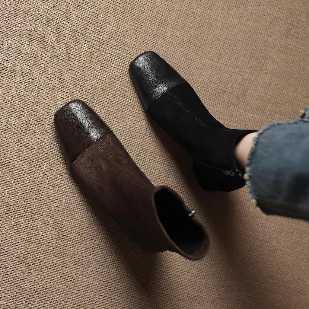 Krazing Pot Microfiber Winter Round Toe Western Boots Thick High Heels Zipper Women Flock Patch Work Ankle Boots