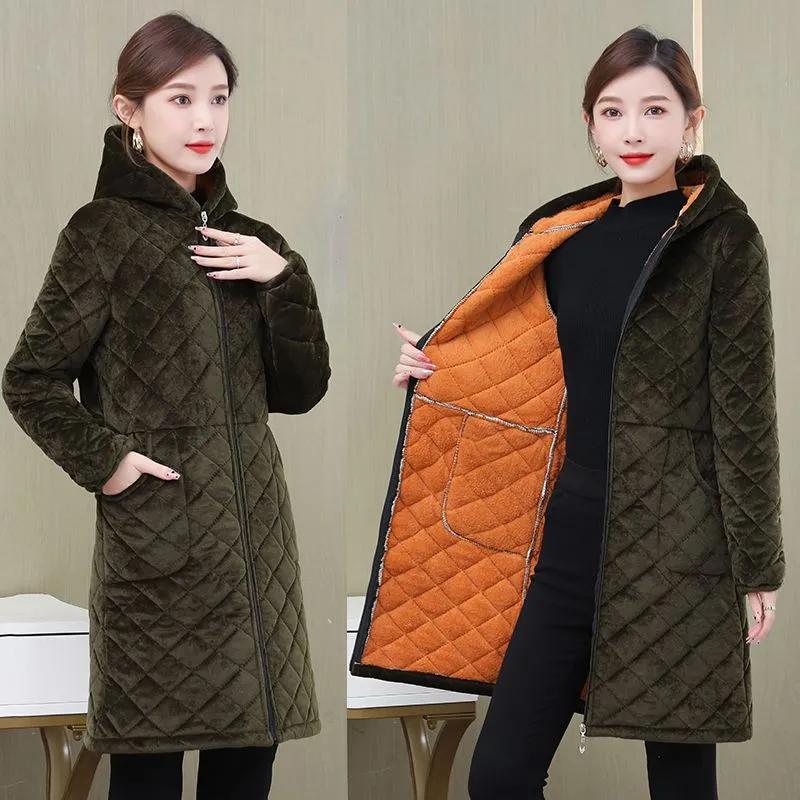 Damen Arbeitsoverall Winter Plus Samt Verdickte Wattierte Jacke Mit Kapuze Mittellange Warme Schutzkleidung Außenjacke