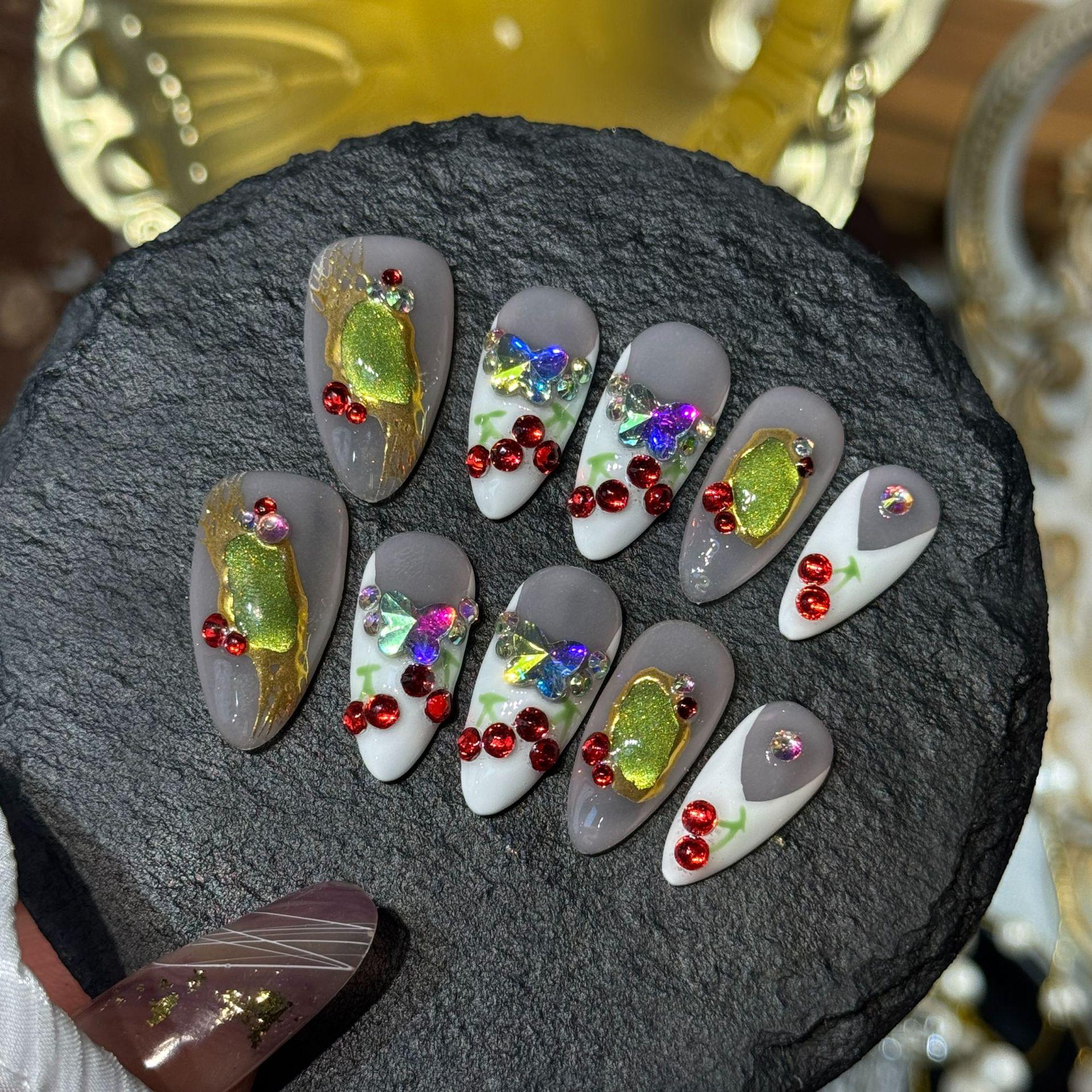 Handmade Green Cat Eye Cherry Diamond Almond Nail Art Stickers Extra Small