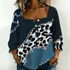 Women Square Neck Blouse Teal Leopard Floral Patchwork Print Ruffle Three Quarter Sleeve Shirt