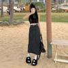 Denim Skirt High Waist Split A Line With Vintage Wash For Summer Casual Wear