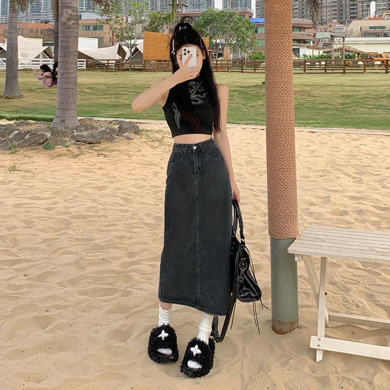 Denim Skirt High Waist Split A Line With Vintage Wash For Summer Casual Wear