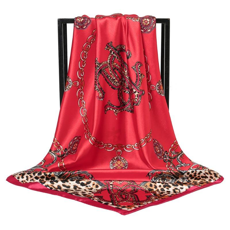 Square scarf new leopard print chain decorative satin silk scarf headscarf, versatile multi-purpose simulated silk scarf