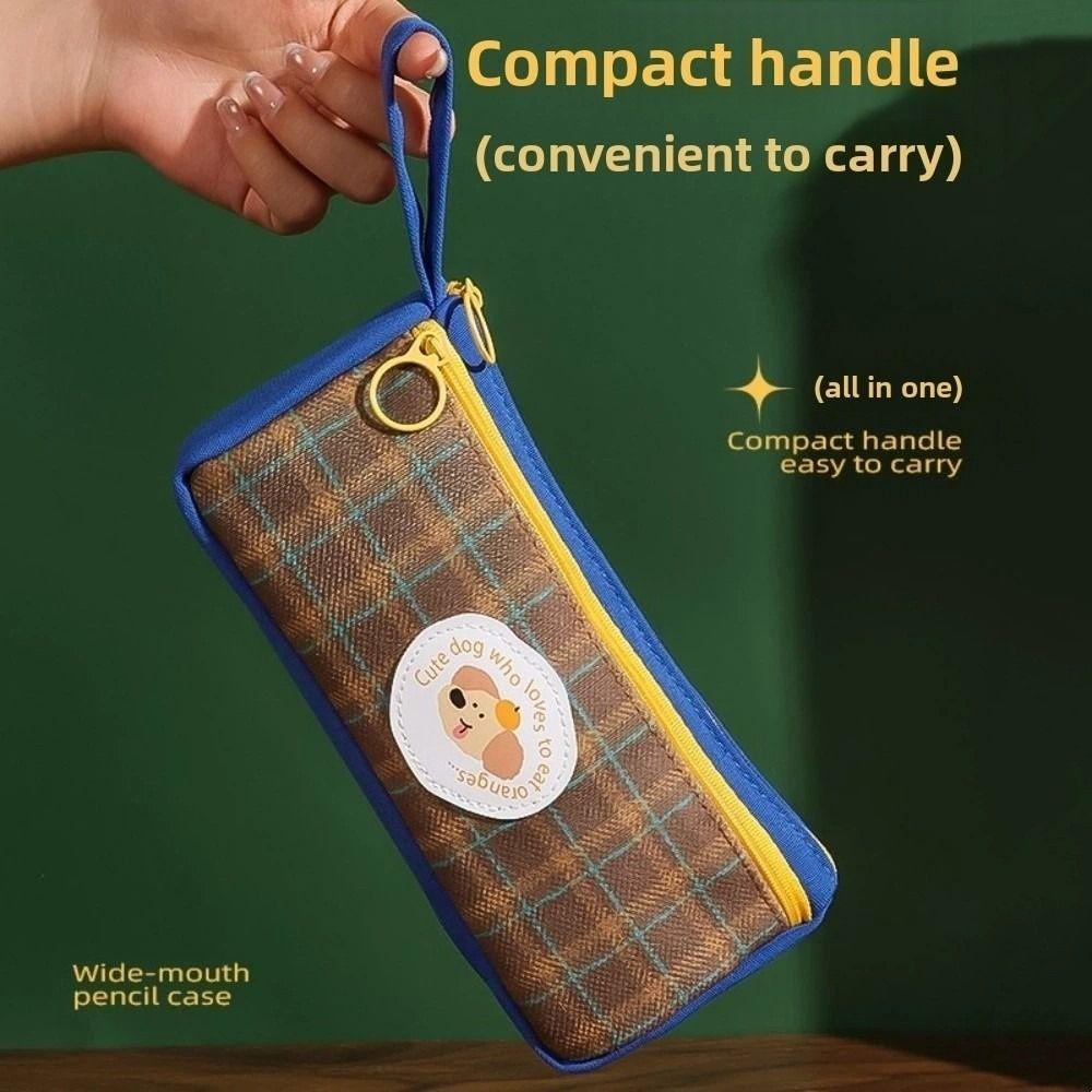 Grid Pattern Retro Grid Stationery Bag Cute Animal Pencil Pouch Vintage Plaid Pen Bag  Student