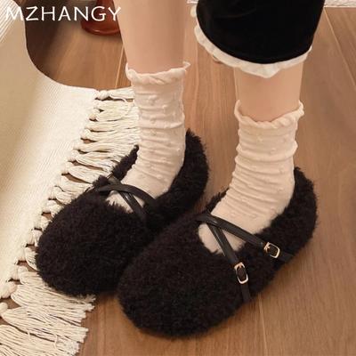 Fashion Fur Women Flats Ballet Dance Shoes Shallow Casual Mary Jane Shoes Woman 2024 Trend Winter Snow Boots Cozy Warm Mujer De Zapatos