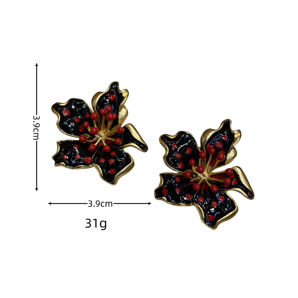 Retro New Chinese Vintage Red Ball Flower Stud Earrings, Court Style Copper Plated Real Gold Advanced Sense National Style Earrings