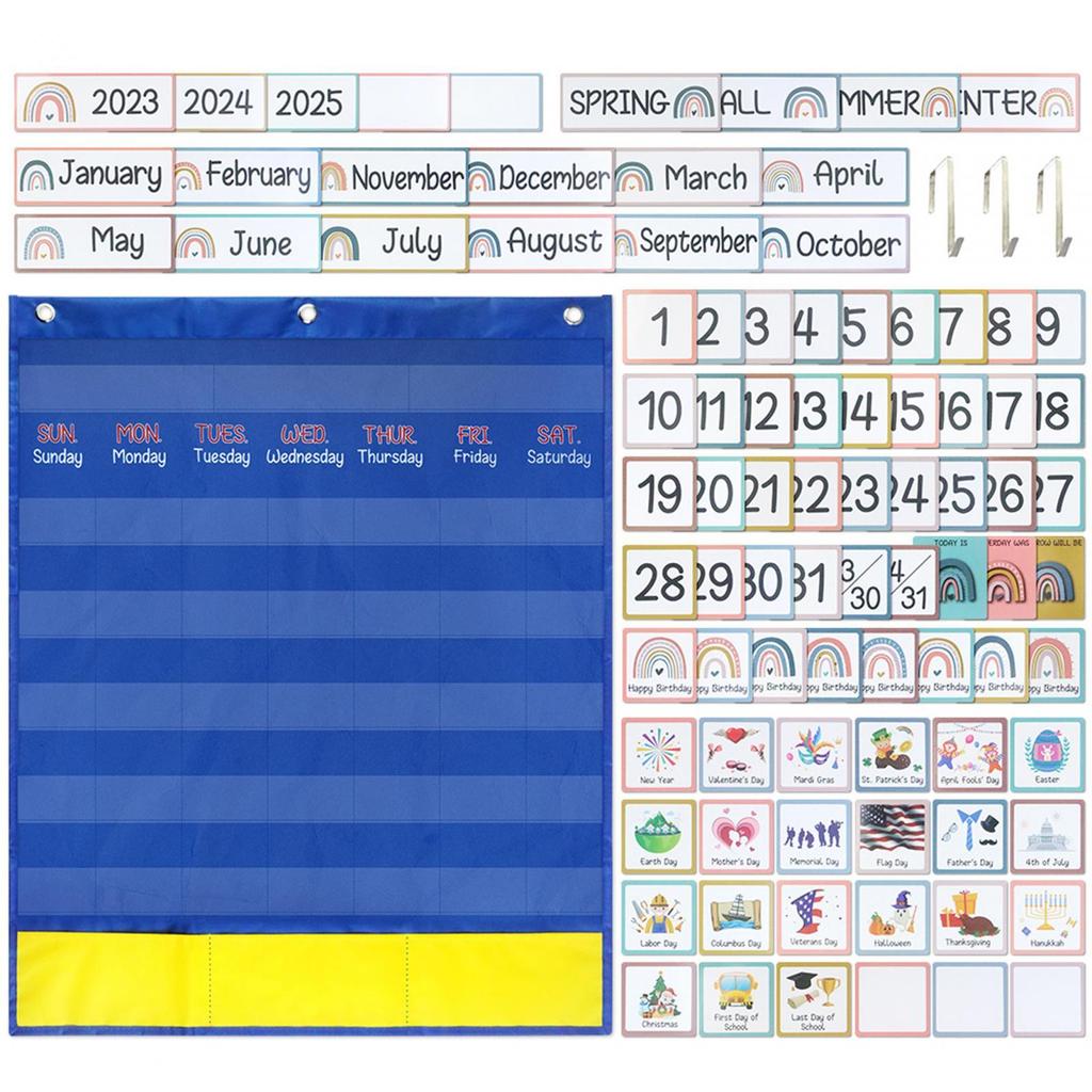Calendar Pocket Chart for Kids Tags Card Homeschool Back Weekly with 89 Cards Wall