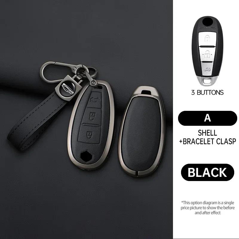 Auto Genuine Leather Zinc Alloy Key Fob Cover Fit For Suzuki S-Cross Eitrga Swift Auto Key Fob Chain Metal Key Fob Housing Interior Accessories