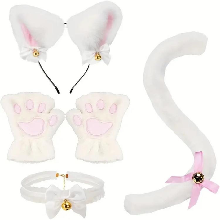 

Cats Dress Up Accessories Includes Necklace Hair Hoop, Tail and Glove, for Kid Girl Cosplay Party білий