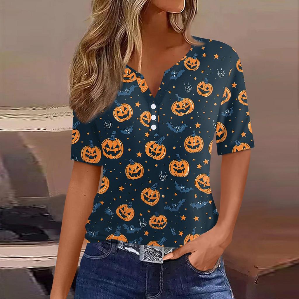 Women's T Shirt Halloween Print Button Short Sleeve Daily Weekend Fashion Basic V- Neck Regular Top