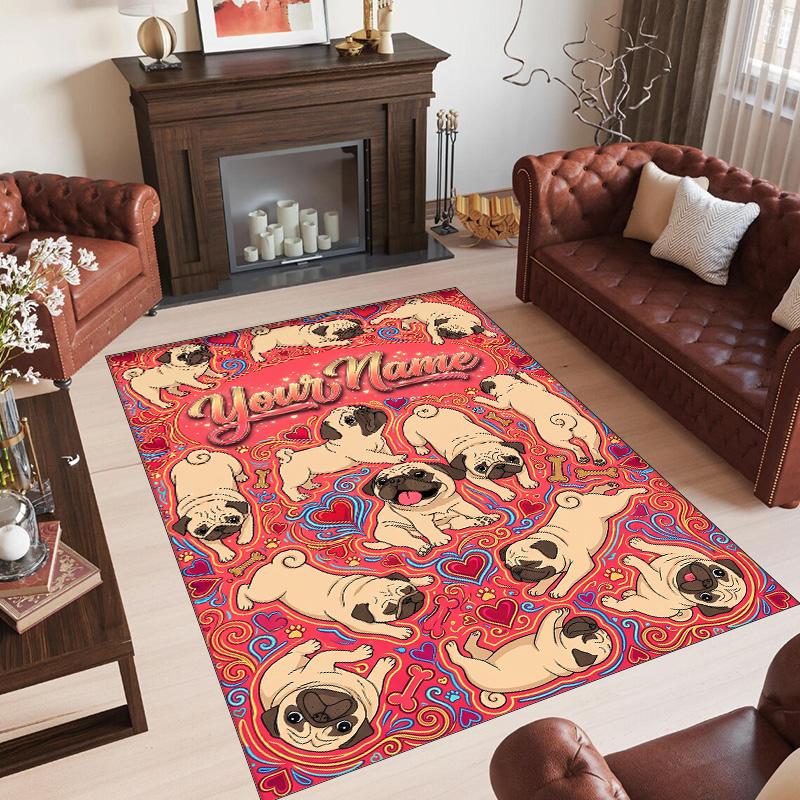 Pug Theme Crystal Velvet Floor Rug Personalized Custom Name Text Warm Carpet Home Decoration