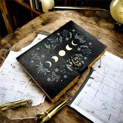 Moon Phase Leather Journal with Lock – Handmade Vintage Diary