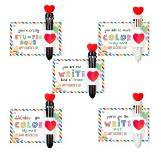 Valentinstag Stift-Karten-Geschenkset Mehrfarbiger Kugelschreiber mit Herz-Botschaftskarten Einziehbarer bunter Stift für Schüler Klassenkameraden Büro-Austausch
