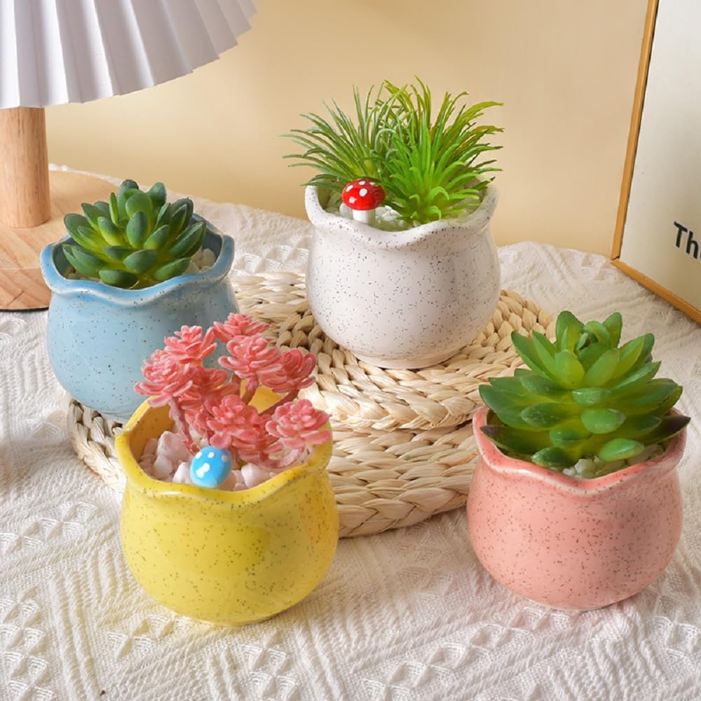 Siawadeky Cute Flower Set of Stylish Succulent Macaron Ceramic Planter Round Cactus Suitable for Mini Garden Drainage Hole Included Pots, 6, Pots,