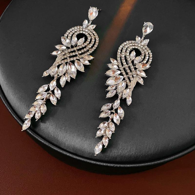 Silver Needle Diamond Flower Water Drop Tassel Earrings Exaggerated Earrings Light Luxury Premium Earrings Women