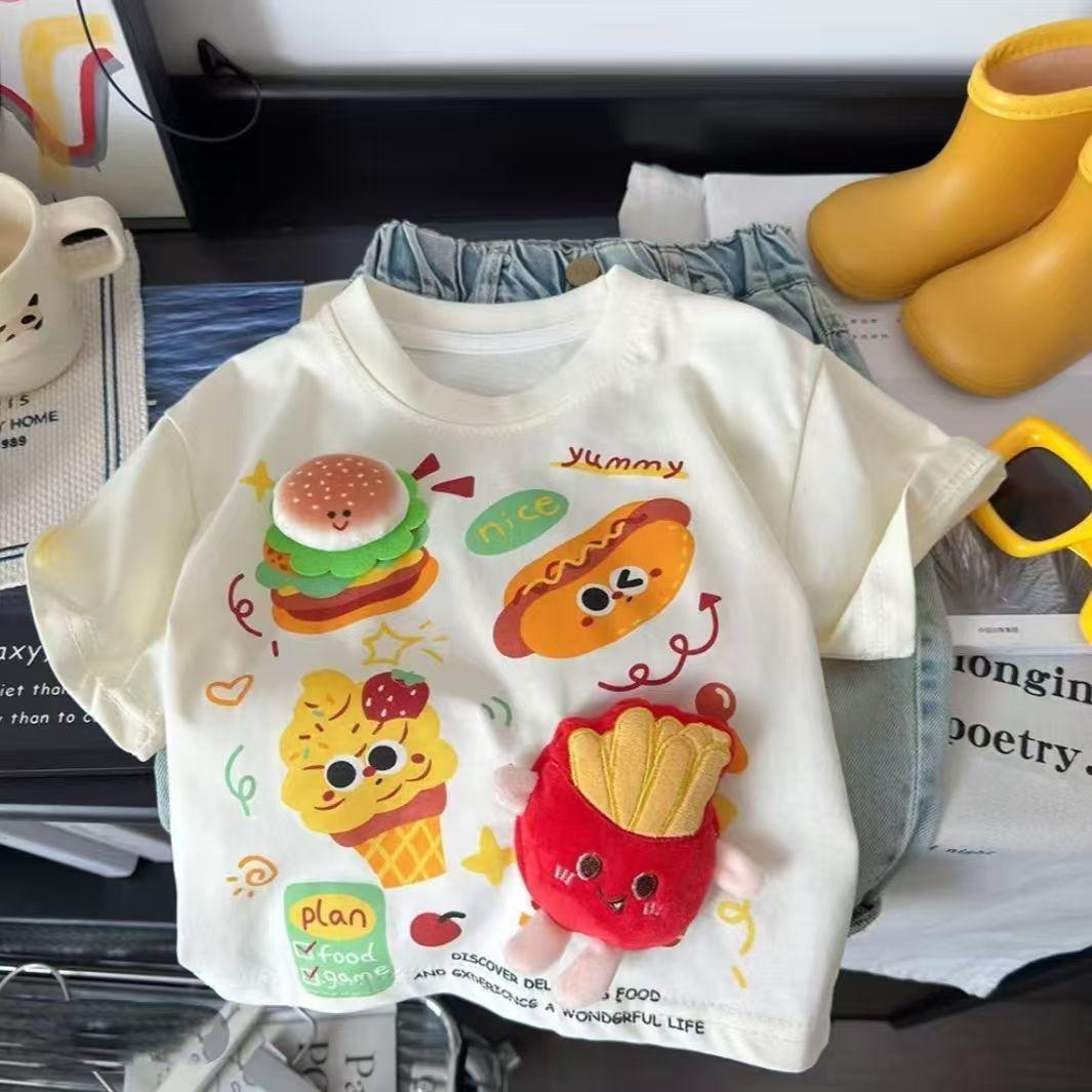 3D Hamburger & Fries Parent-Child Matching Short-Sleeve T-Shirts - Cute, Loose, Stylish Cartoon Summer Tops. 80 cm (Child)