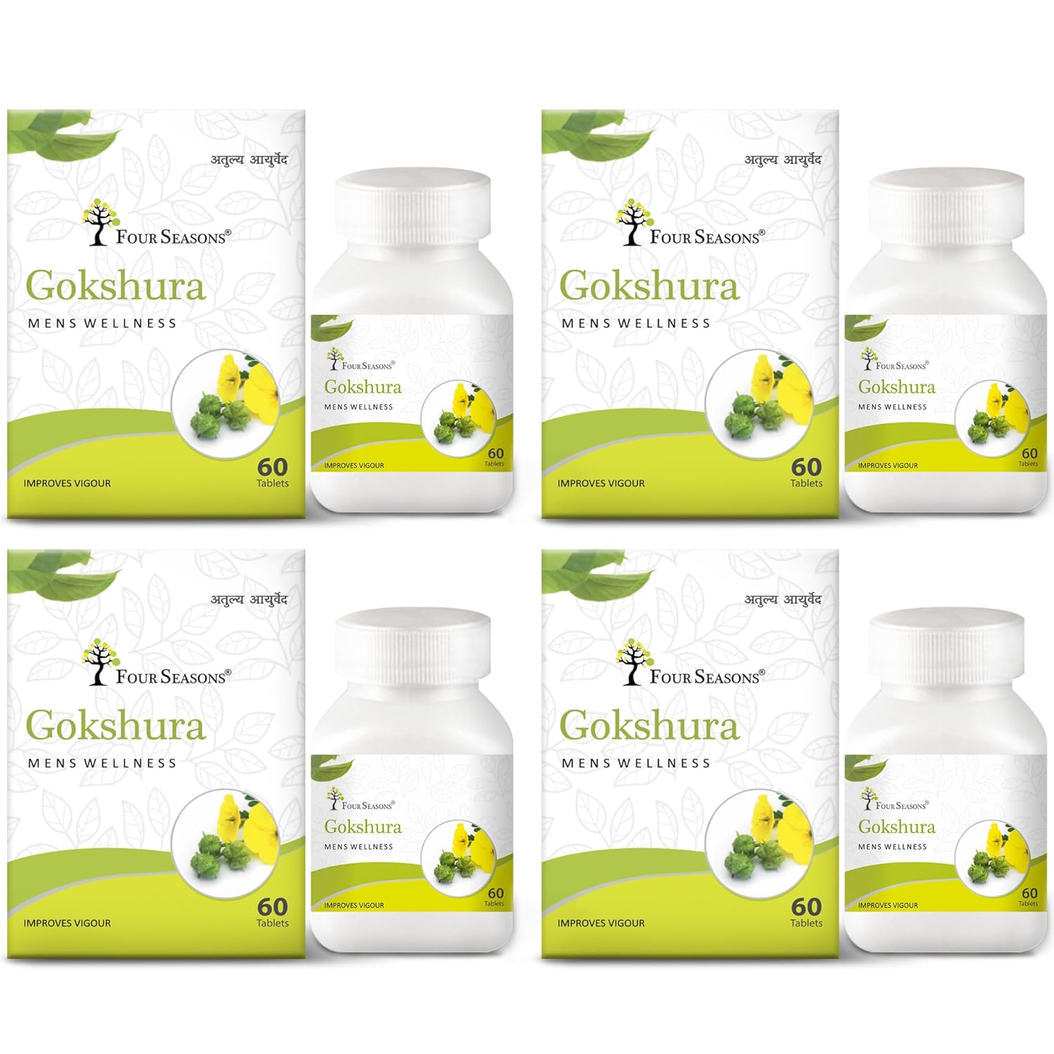 

Four Seasons Gokshura, Boost Energy, Testosterone | 60 Tablets 100gm 0.2lbs Each Pack Of 4