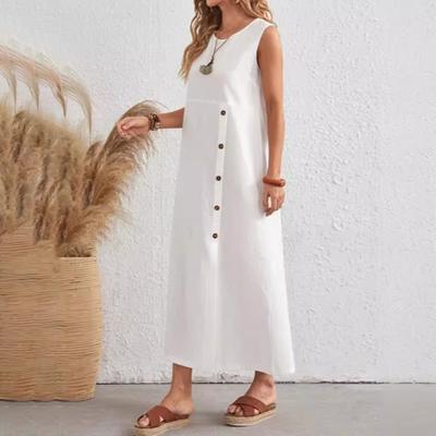 Women's Cotton Linen Tank Dress Casual Sleeveless Buttoned Crewneck Maxi Dress Summer Loose Split Beach Sundress