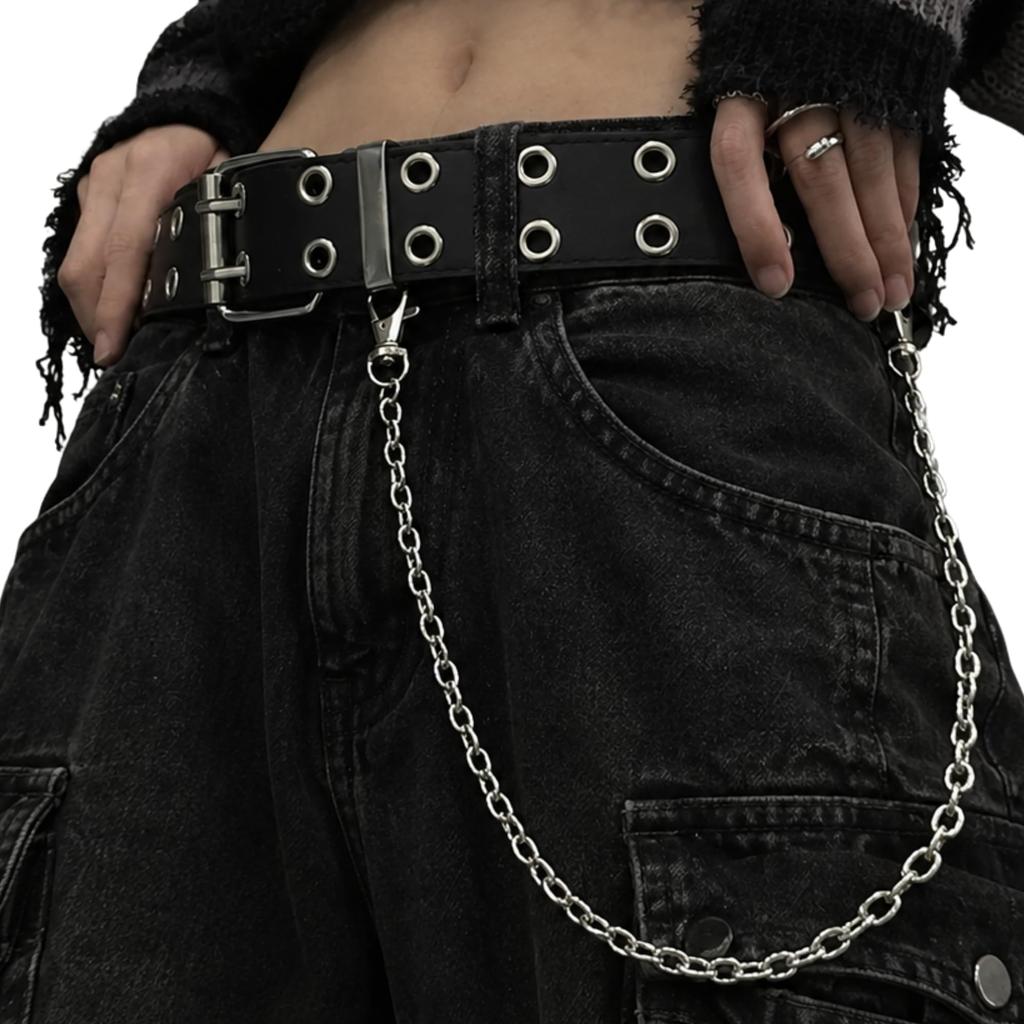 Studded Belt, Black, with Chain, Double Pin, Rock Design, Y2K, Punk, Street Style, Unique, Unisex, Accent Belt