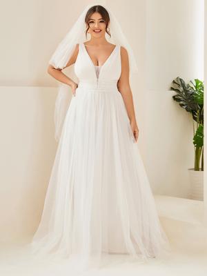 Ever-Pretty Plus Size Dámské empírové svatební šaty bez rukávů s dvojitým výstřihem do V Krajka Průsvitné tylové tylové šaty