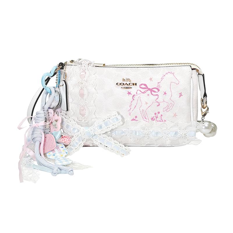 

COACH handbag [Customized bag] Nolita19 fog blue pink cherry metal brand logo zipper pink blue pendant bow ribbon pearl extension chain horse синій