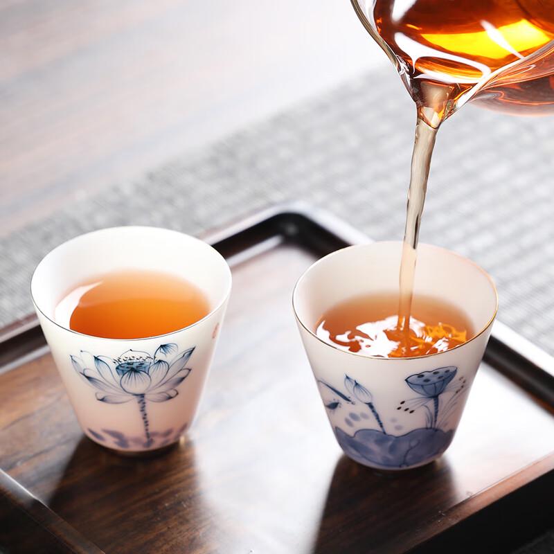 MULTIPOTENT Mutton-Fat Jade Style Green Lotus Hand-Painted Tea Cups (Set of 2)