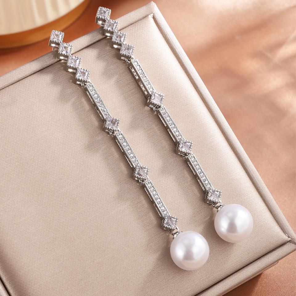 ZAKOL Elegant Imitation Zircons Long Dangle Earrings for Women Sliver Color Luxury Wedding Zircon Bridal Ear Accessories