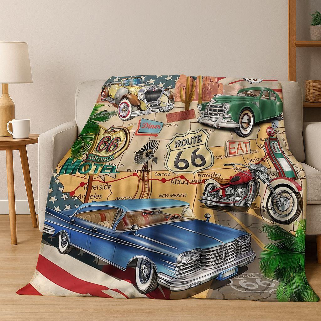 Retro Route 66 Road Trip America Historic Mother Road Art Flannel Blanket,Cozy Soft Throw Blanket for Home Bedroom Bed Sofa Gift